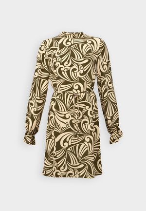 Long-sleeve dress with a fitted waist, olive green background, cream floral swirl pattern, and gathering at the cuffs.