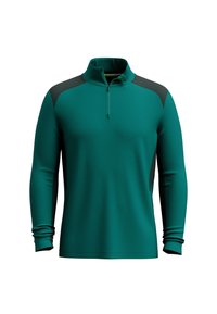 Tealfärgad långärmad tröja med fyra zip, med svarta axeldetaljer och en slät yta. Lättvikts, atletisk design.