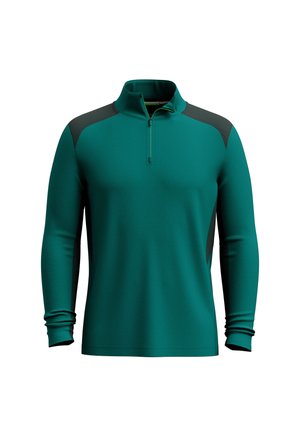 Tealfärgad långärmad tröja med fyra zip, med svarta axeldetaljer och en slät yta. Lättvikts, atletisk design.