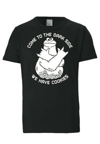 Black t-shirt with white cartoon character hugging cookies, text above and below says "Come to the dark side, we have cookies."
