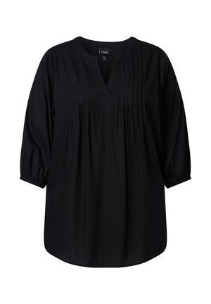 Černá halenka s dlouhým rukávem, na přední straně s plisováním, kulatým výstřihem s výstřihem do V a elastickými manžetami, zobrazena na bílém pozadí.