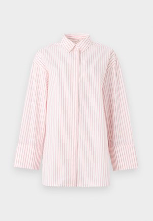 White button-up shirt with vertical red stripes, a classic collar, and three-quarter length sleeves with wide cuffs.