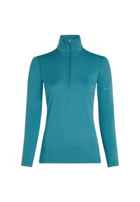 Türkisfarbendes Langarmoberteil mit Stehkragen und einem viertelzipper. Der Stoff wirkt glatt und hat eine taillierte Passform. Besitzt ein Logo am Ärmel.