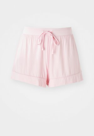 Shorts rose clair en tissu doux avec une taille élastique et un cordon de serrage. Présente un ourlet replié et une coupe décontractée.