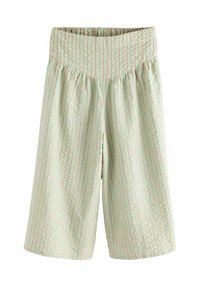 Shorts rayés verts et beige avec une taille élastique, présentant une coupe ample et un tissu texturé, atteignant la longueur mi-cuisse.