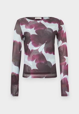 Long-sleeve, semi-sheer top with abstract large purple and black floral print on a pale blue background.
