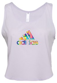 Hellviolettes Tanktop mit strukturiertem Muster und großem, farbenfrohem Adidas-Logo auf der Vorderseite. Ärmelloses Design, runder Halsausschnitt.