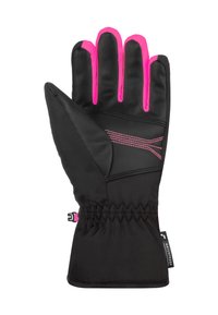 Schwarzer Winterhandschuh mit pinken Akzenten an den Fingern, Lederhandfläche und wasserdichtem Material. Verfügt über einen eng anliegenden Handgelenkbund und dekorative Nähte.