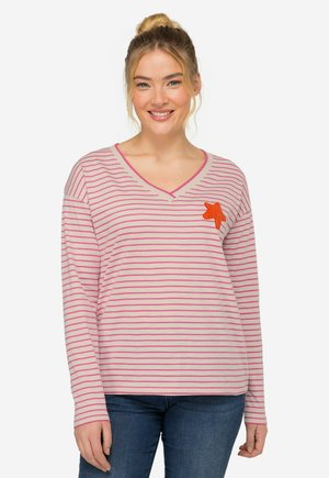 Striped long-sleeve t-shirt in pale pink with darker pink stripes. Features a V-neck and an orange star patch on the left chest.