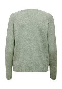 Helles grünes gestricktes Sweatshirt mit geripptem Saum und Bündchen, runder Ausschnitt und weicher Textur. Die Rückansicht zeigt ein einfaches Design.