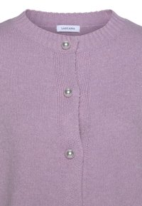 Light purple knit cardigan with round neckline and three pearl-style buttons down the front, featuring a Lascana brand label.