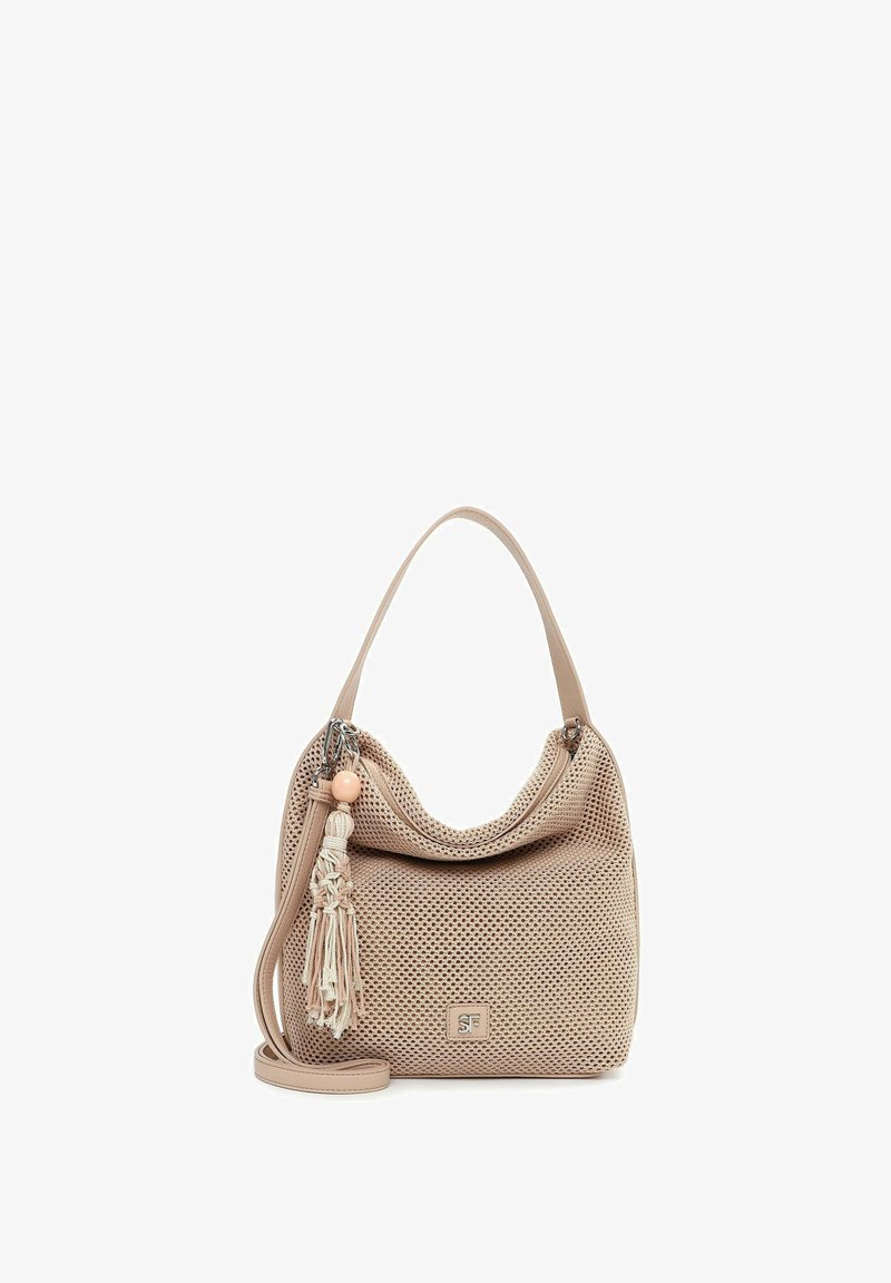 Borsa beige intrecciata con un singolo manico a tracolla, tracolla rimovibile a tracolla incrociata e nappina decorativa con dettaglio perla.