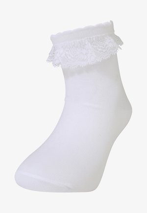 White ankle sock made of soft material, featuring a decorative lace ruffle at the top and a smooth, plain design.