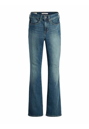Jeans in denim a zampa d'elefante in lavaggio blu chiaro a medio, con cinque tasche, chiusura con bottone e dettagli di cucitura in evidenza.