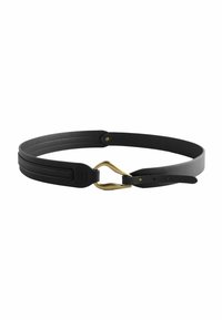 Cintura in pelle nera con design a doppia tracolla e fibbia in metallo dorato. Texture liscia con dettagli di cucitura lungo i bordi.