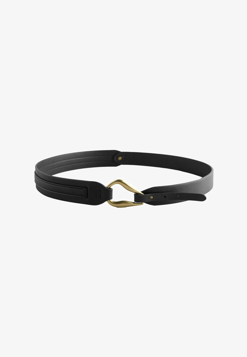 Black leather belt with a double strap design and a gold-tone metal buckle. Smooth texture with stitching detail along the edges.