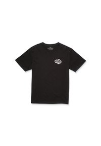 Schwarzes Baumwoll-T-Shirt mit kurzen Ärmeln, Rundhalsausschnitt und einem kleinen weißen Volcom-Logo, das auf der linken Seite gedruckt ist. Glatte Textur, lässiges Design.