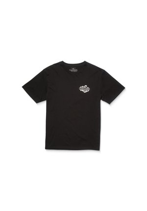 Black cotton t-shirt with short sleeves, crew neck, and a small white Volcom logo printed on the left side. Smooth texture, casual design.