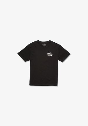 Zwarte katoenen T-shirt met korte mouwen, ronde hals en een klein wit Volcom-logo gedrukt aan de linkerkant. Glad textuur, casual ontwerp.