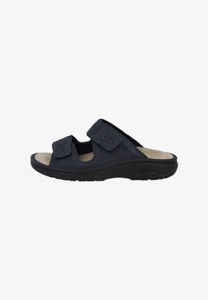 Dunkelblaue Rutschsandale mit zwei Velcro-Riemen, durchlöcherten Akzenten und einer geformten schwarzen Gummisohle. Weiches Innenfutter für zusätzlichen Komfort.