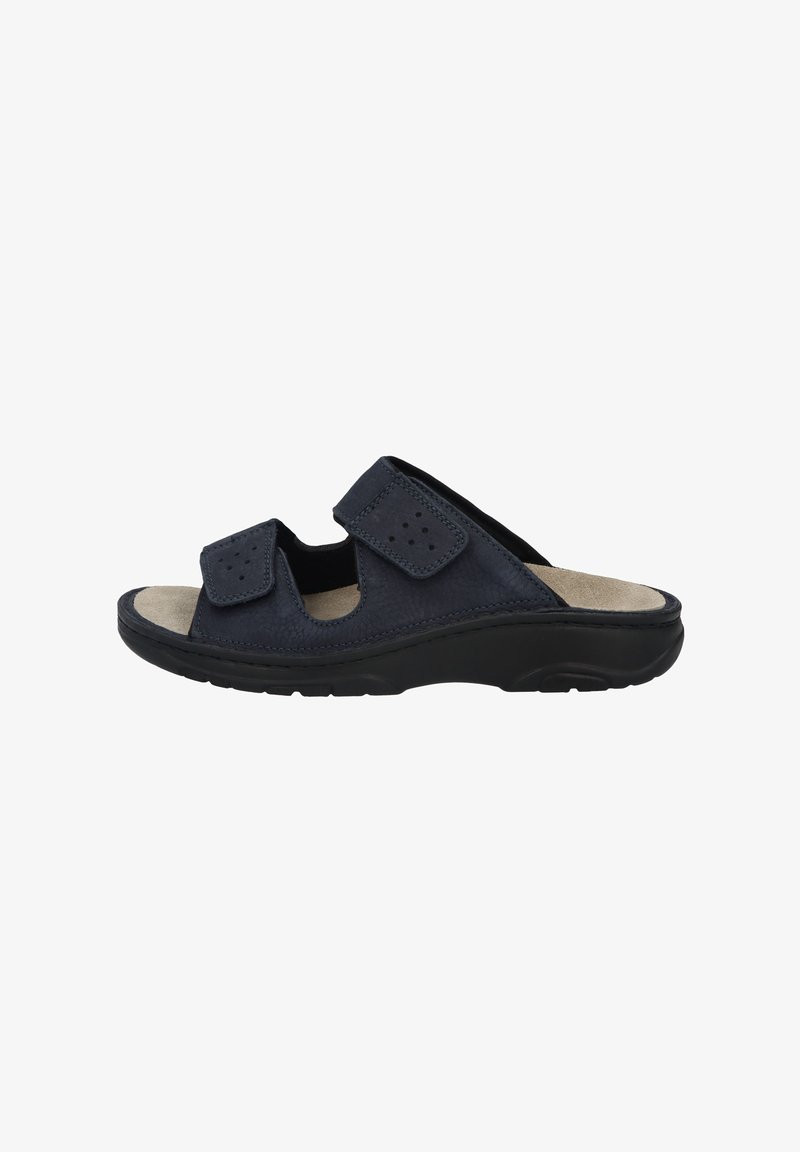 Dunkelblaue Rutschsandale mit zwei Velcro-Riemen, durchlöcherten Akzenten und einer geformten schwarzen Gummisohle. Weiches Innenfutter für zusätzlichen Komfort.