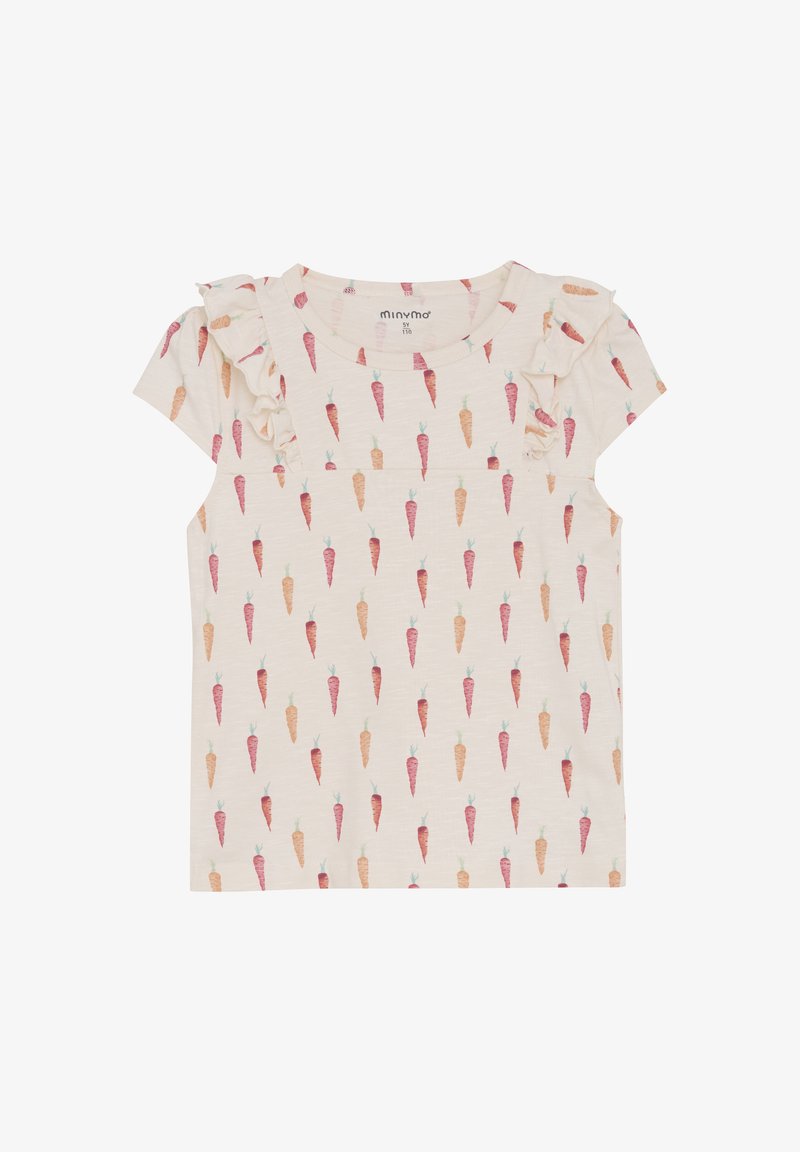 Kortärmad krämfärgad bomullströja med spridda pastellfärgade morotsmotiv. Volanger på axlarna ger textur och detaljer.