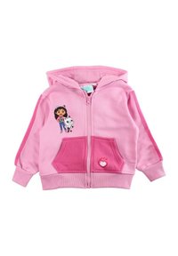 Sweat à capuche zippé rose en tissu doux, arborant un dessin animé sur la poitrine gauche, deux poches avant et des trous pour les pouces dans les manches.