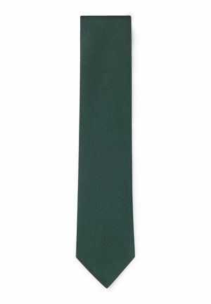 Cravate tissée verte foncée avec une finition texturée et une pointe effilée. Un branding subtil est embossé près de la pointe pour le détail.