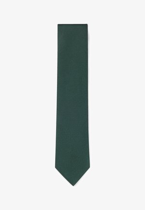 Dark green woven tie featuring a textured finish and a pointed tip. Subtle branding is embossed near the tip for detail.