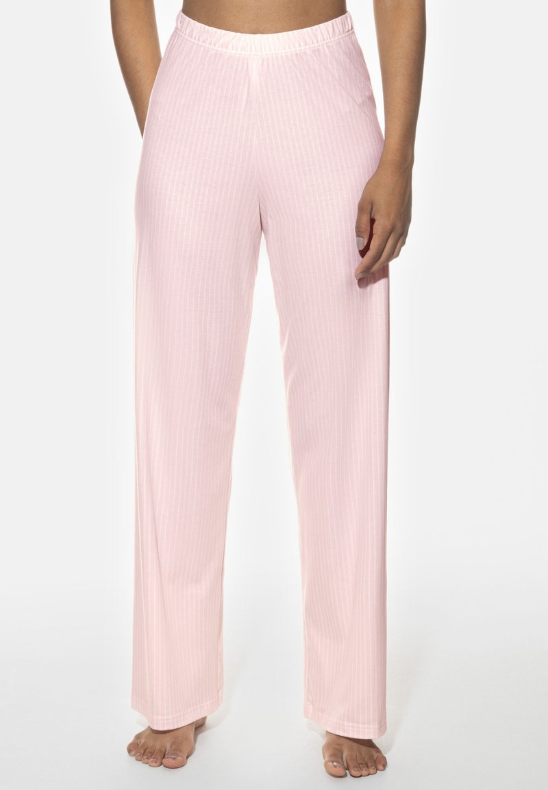 Ljusrosa pyjamasbyxor med vertikala vita ränder, elastisk midja och lös, rak passform. Mjukt tyg med slät textur.