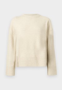 Pull en tricot couleur crème avec des manches longues, des poignets et un ourlet côtelés, et un col rond, exposé sur un fond uni.