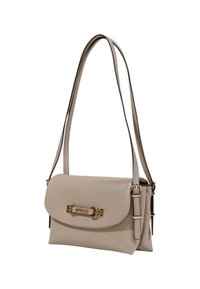 Borsa a tracolla in finta pelle beige con pattina, hardware dorato e tracolla regolabile. Presenta una forma rettangolare e un design minimalista.