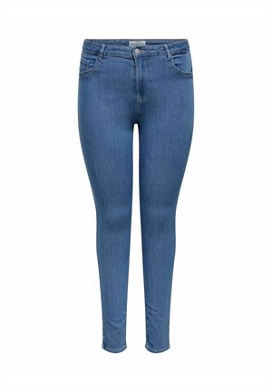 Jean skinny en denim bleu avec une taille mi-haute, doté de poches avant, de coutures minimales, d'une texture lisse et d'une coupe ajustée.