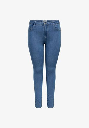 Wąskie niebieskie dżinsy z denimu o średnim stanie, z przednimi kieszeniami, minimalnym przeszyciem, gładką fakturą i dopasowanym krojem.