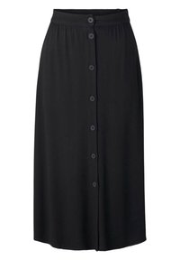 Jupe midi noire avec boutons sur le devant et taille élastique, coupe droite et design simple.