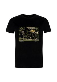 T-shirt in cotone nero con stampa grafica di una bicicletta con un cestino marrone, accentuata da testo in stile graffiti e design astratti.