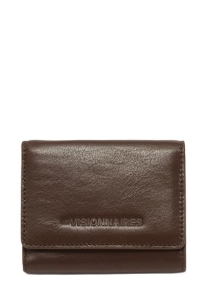 Brown leather wallet with a smooth texture, featuring embossed "VISIONNAIRES" logo and folded design. Double-stitched edges.