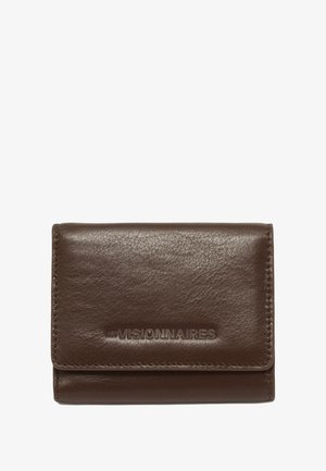 Brown leather wallet with a smooth texture, featuring embossed "VISIONNAIRES" logo and folded design. Double-stitched edges.