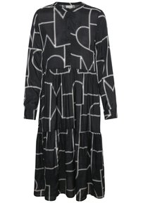 Mustapohjainen pitkähihaiset mekko, jossa on nappikiinnitys, kerrostettu muotoilu ja kaulukseton kaula-aukko. Valmistettu silkkimäisestä materiaalista.
