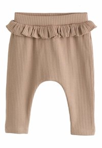 Leggings pour bébé en ribbed beige avec une taille froncée. Tissu doux, jambes ajustées et une coupe arrondie en bas pour le confort.