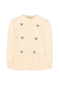 Roomkleurige gebreide cardigan met lange mouwen, knoopsluiting aan de voorkant, gerimpelde zoom en geborduurde kersenmotieven op het voorpaneel.