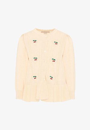 Roomkleurige gebreide cardigan met lange mouwen, knoopsluiting aan de voorkant, gerimpelde zoom en geborduurde kersenmotieven op het voorpaneel.