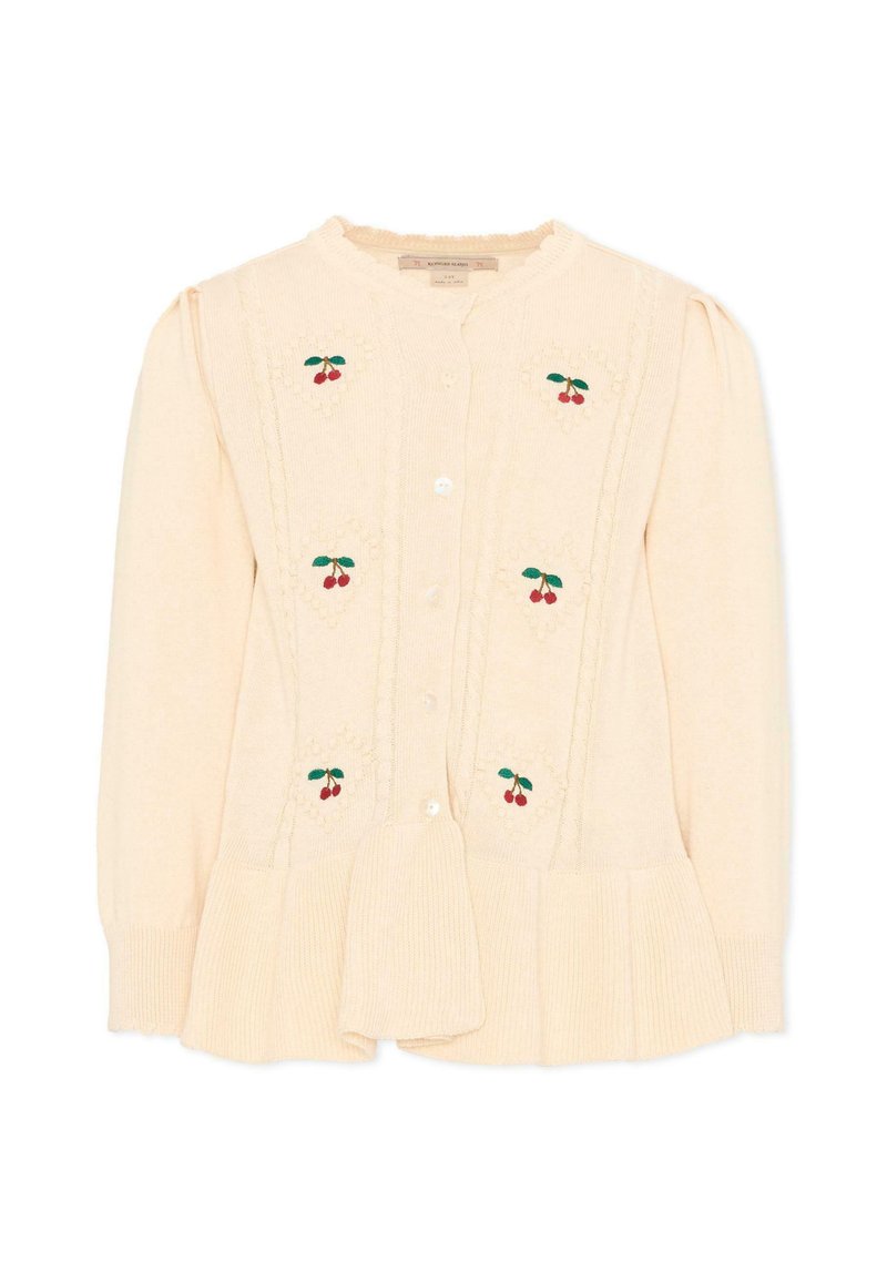 Roomkleurige gebreide cardigan met lange mouwen, knoopsluiting aan de voorkant, gerimpelde zoom en geborduurde kersenmotieven op het voorpaneel.