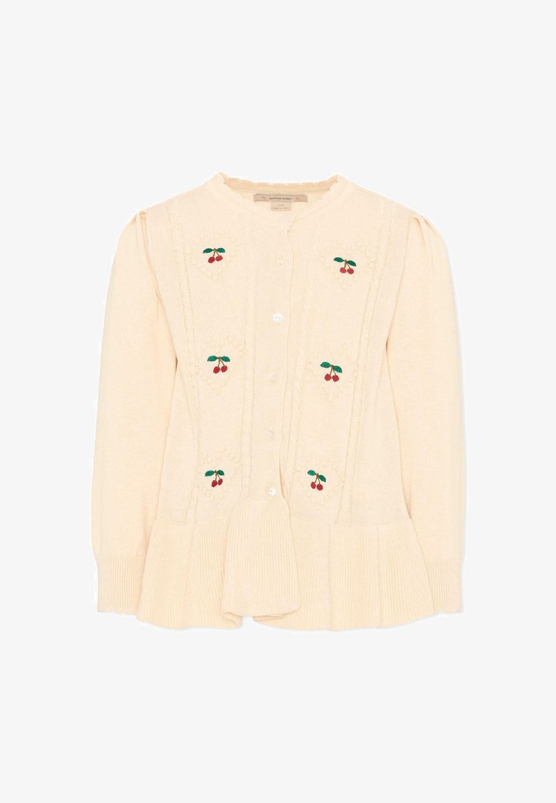 Roomkleurige gebreide cardigan met lange mouwen, knoopsluiting aan de voorkant, gerimpelde zoom en geborduurde kersenmotieven op het voorpaneel.