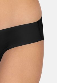 Schwarze Bikini-Unterteile mit glatter Textur, breitem Bund und minimalistischem Design. Eignen sich für Bademode oder den Strand.