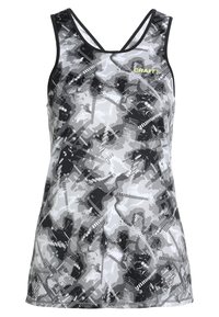 Débardeur de sport pour femmes, sans manches, avec un motif camouflage abstrait en noir, blanc et gris, et un logo "CRAFT" jaune sur la poitrine.