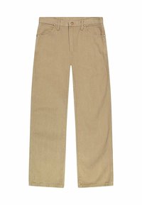 Beige cotton twill pants with a straight leg design, five pockets, front button closure, and copper-tone rivets for durability.