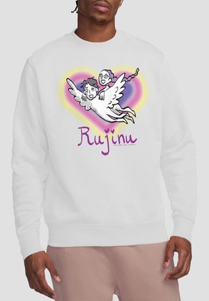White sweatshirt with cartoon of two characters flying with wings inside a multi-colored heart and purple text reading "Rujinu."