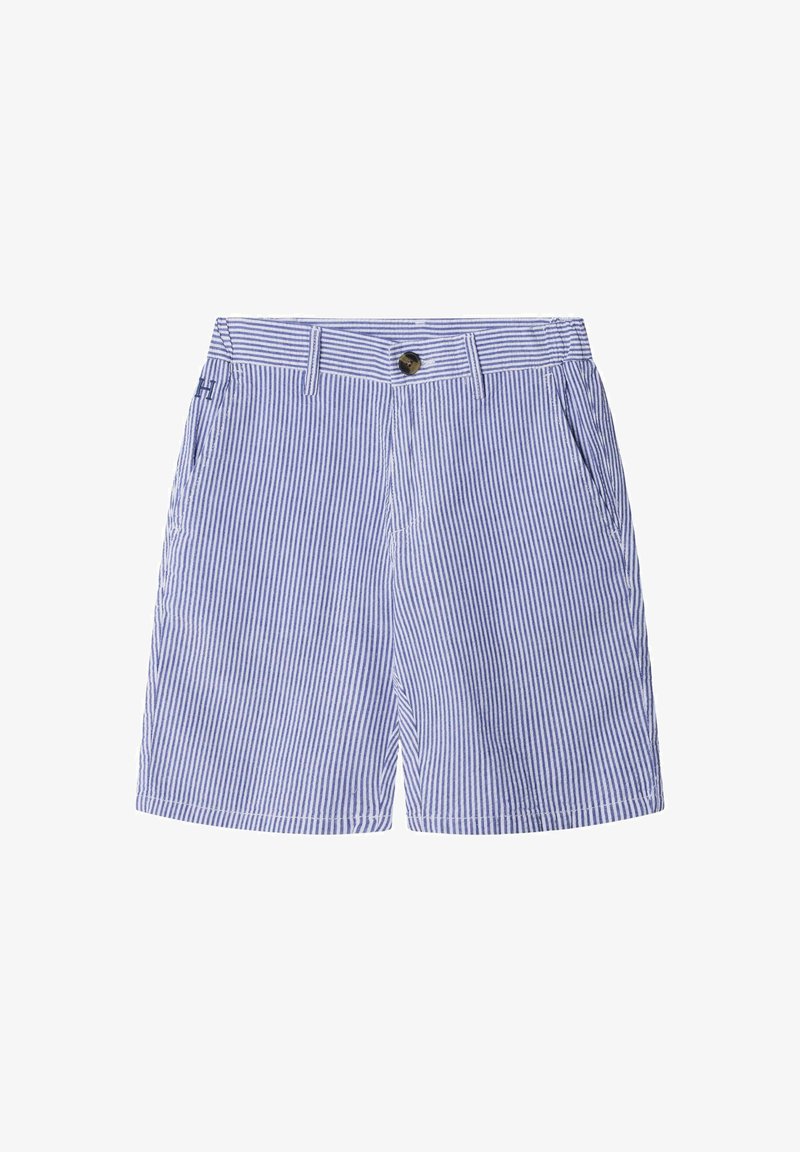 Blau-weiß gestreifte Shorts mit vertikalen Streifen, vorderen Taschen, Gürtelschlaufen und einem Knopfverschluss.