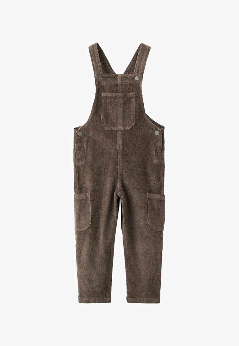 Braune Corduroy-Latzhose mit verstellbaren Trägern, einer Vorderasche und zwei Seitentaschen. Weiche Textur und gerades Bein-Design.